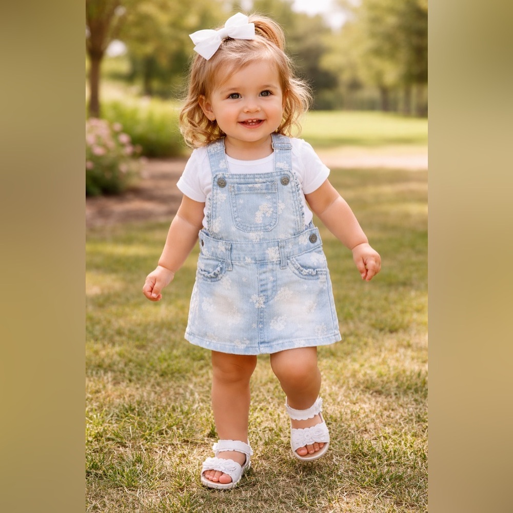 1989 Place Baby Girls Floral Denim Overall Dress | 18–24 Months | Light Wash